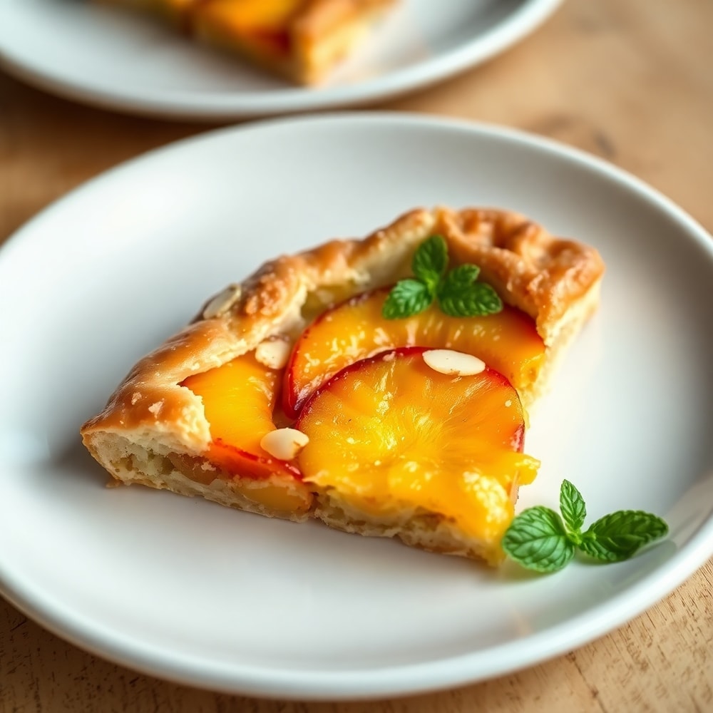 Sliced rustic peach almond galette on a white plate