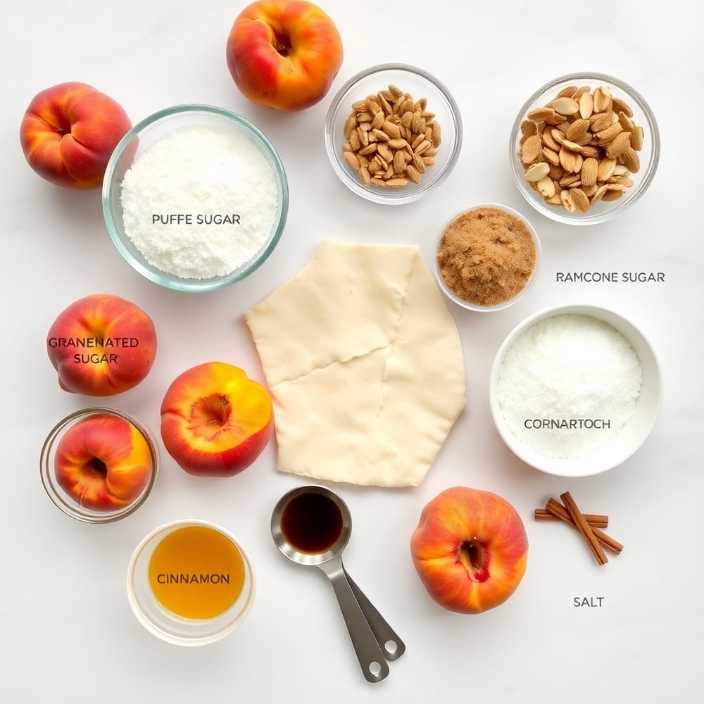 Raw ingredients for peach almond galette on a marble surface