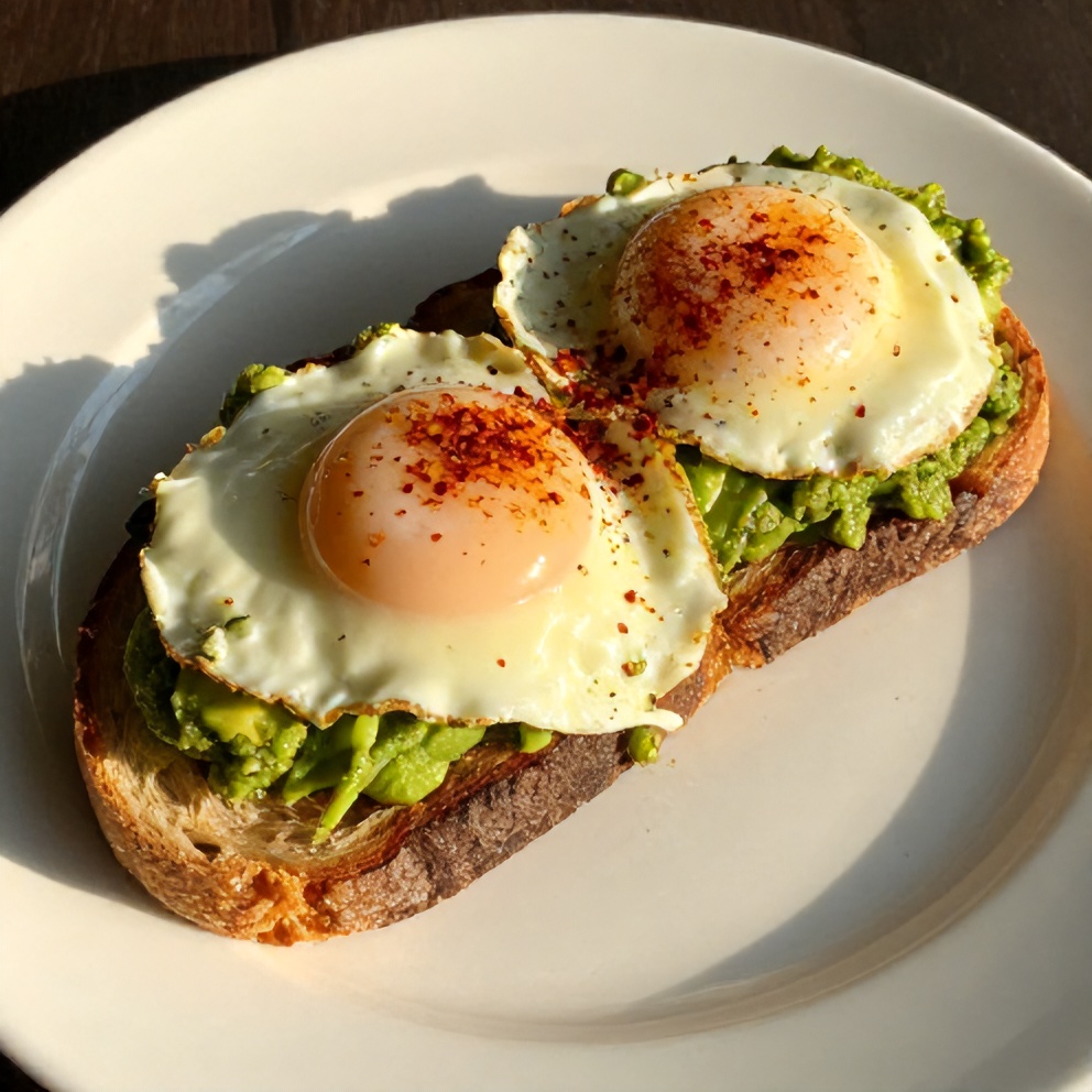 Pesto eggs on avocado toast with a sprinkle of red pepper flakes