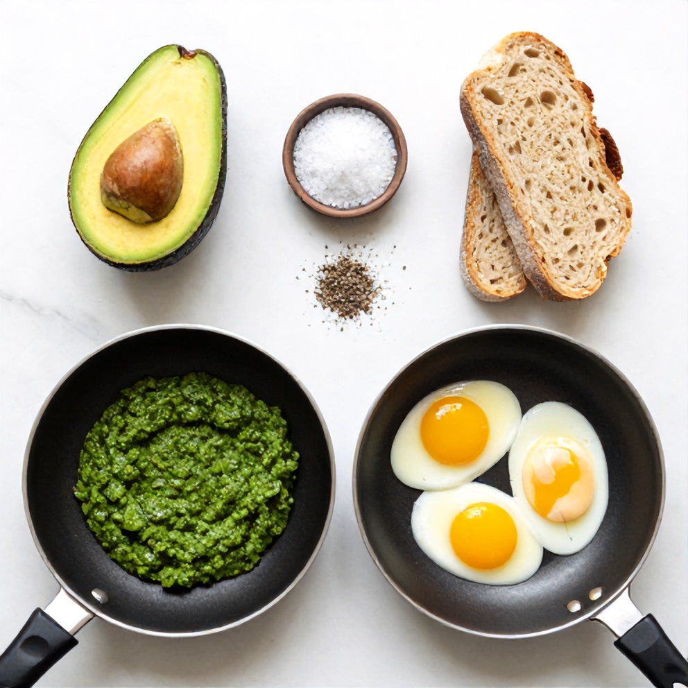 Avocado, eggs, pesto, bread, and other ingredients for pesto eggs on avocado toast