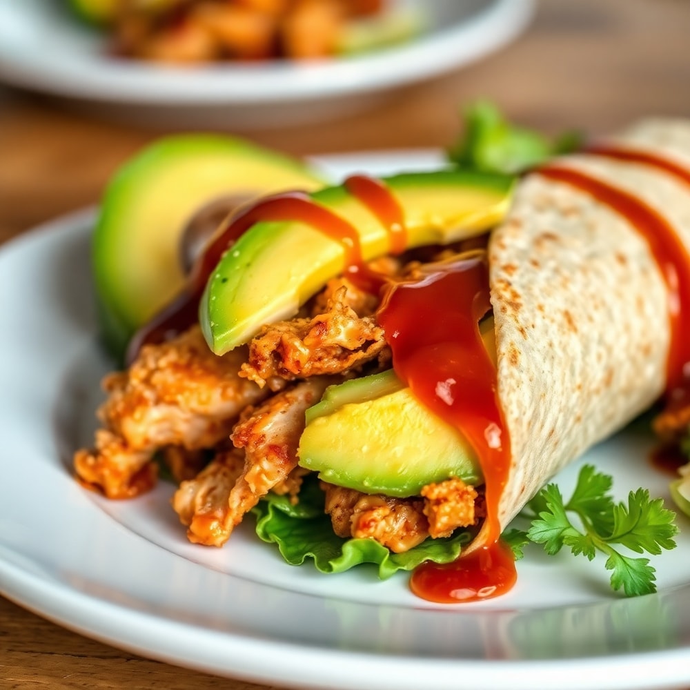 Plated BBQ Chicken Wrap with crispy chicken, avocado, and BBQ sauce drizzle