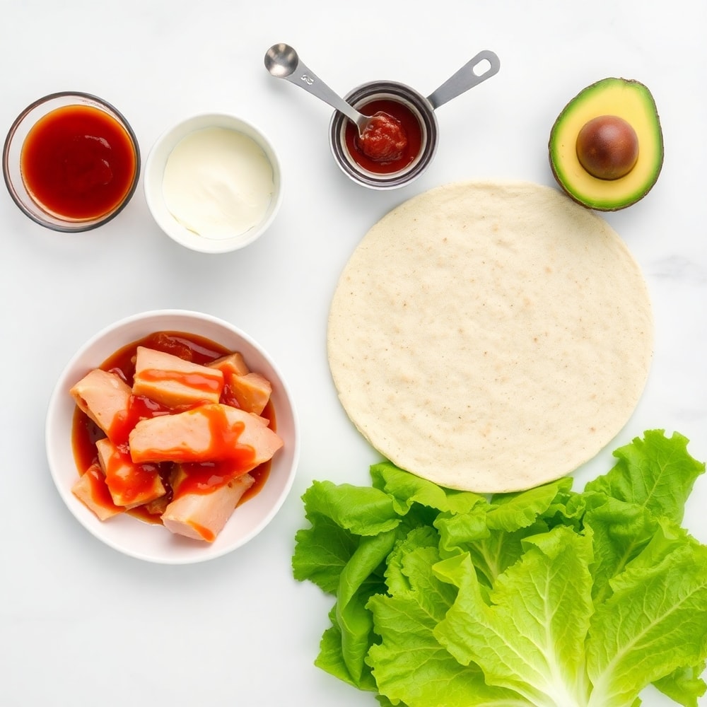 Raw ingredients for BBQ Chicken Wrap: chicken, BBQ sauce, tortilla, avocado, lettuce