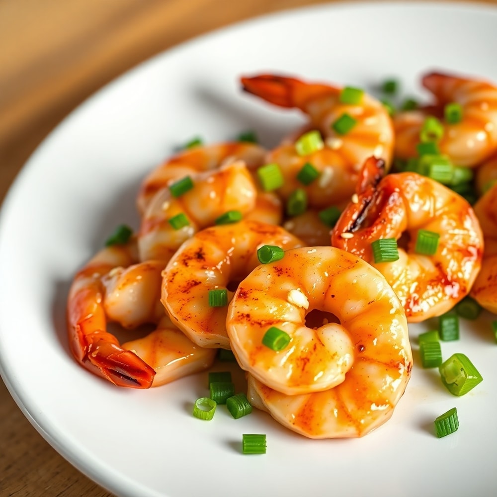 Plated honey garlic grilled shrimp