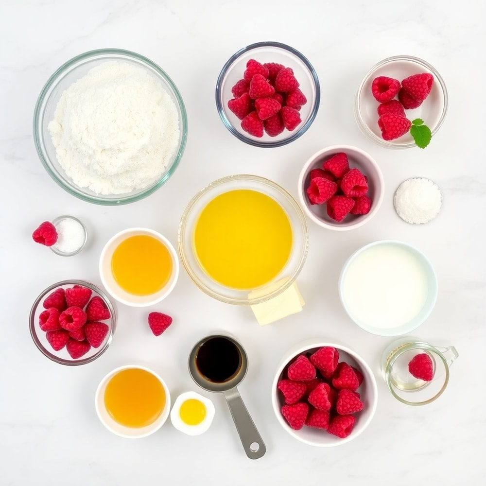Raspberry Bread ingredients on a marble surface