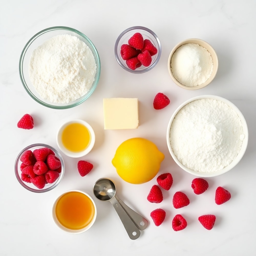 Raspberry Lemon Cookies ingredients on a white marble surface