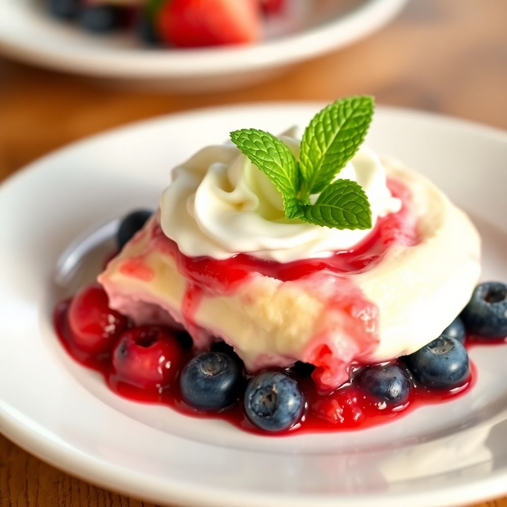 Close-up of Red White and Blue Berry Trifle with a dollop of whipped cream