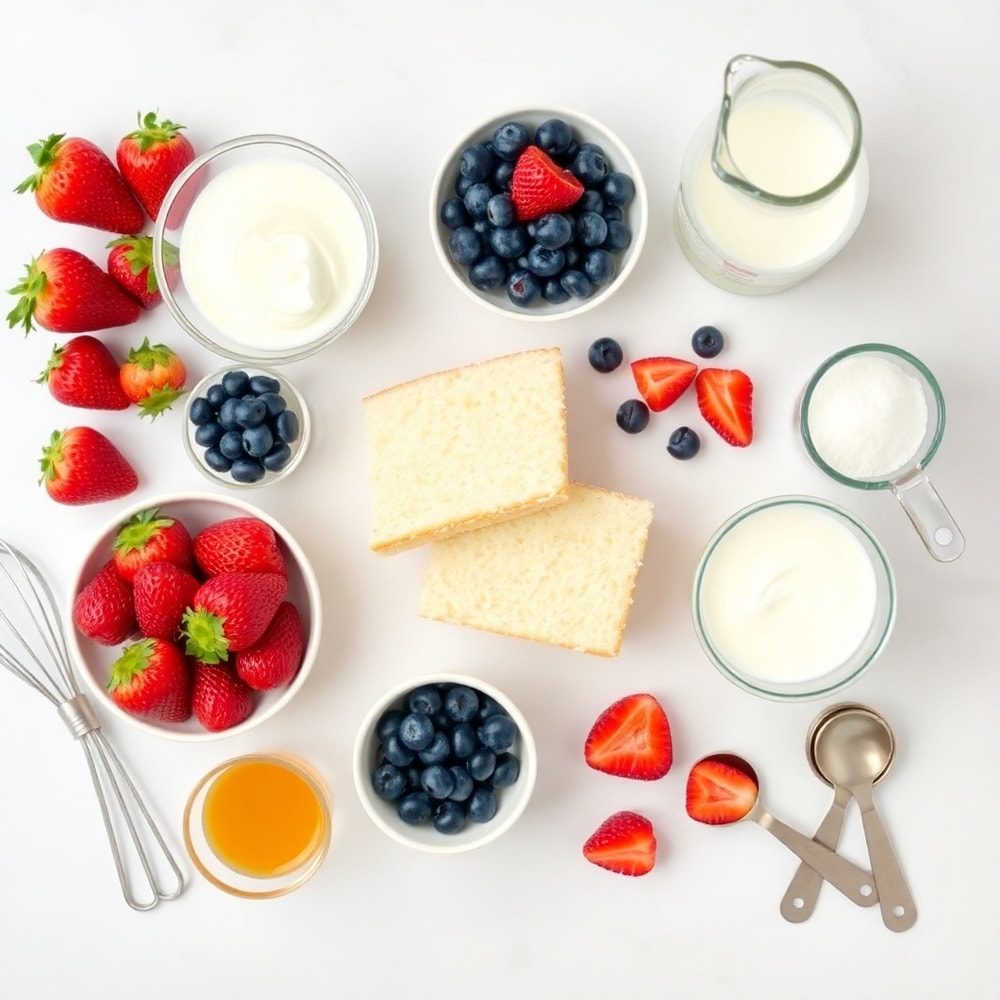 Red, white, and blue berries, vanilla pudding, and angel food cake on a marble surface