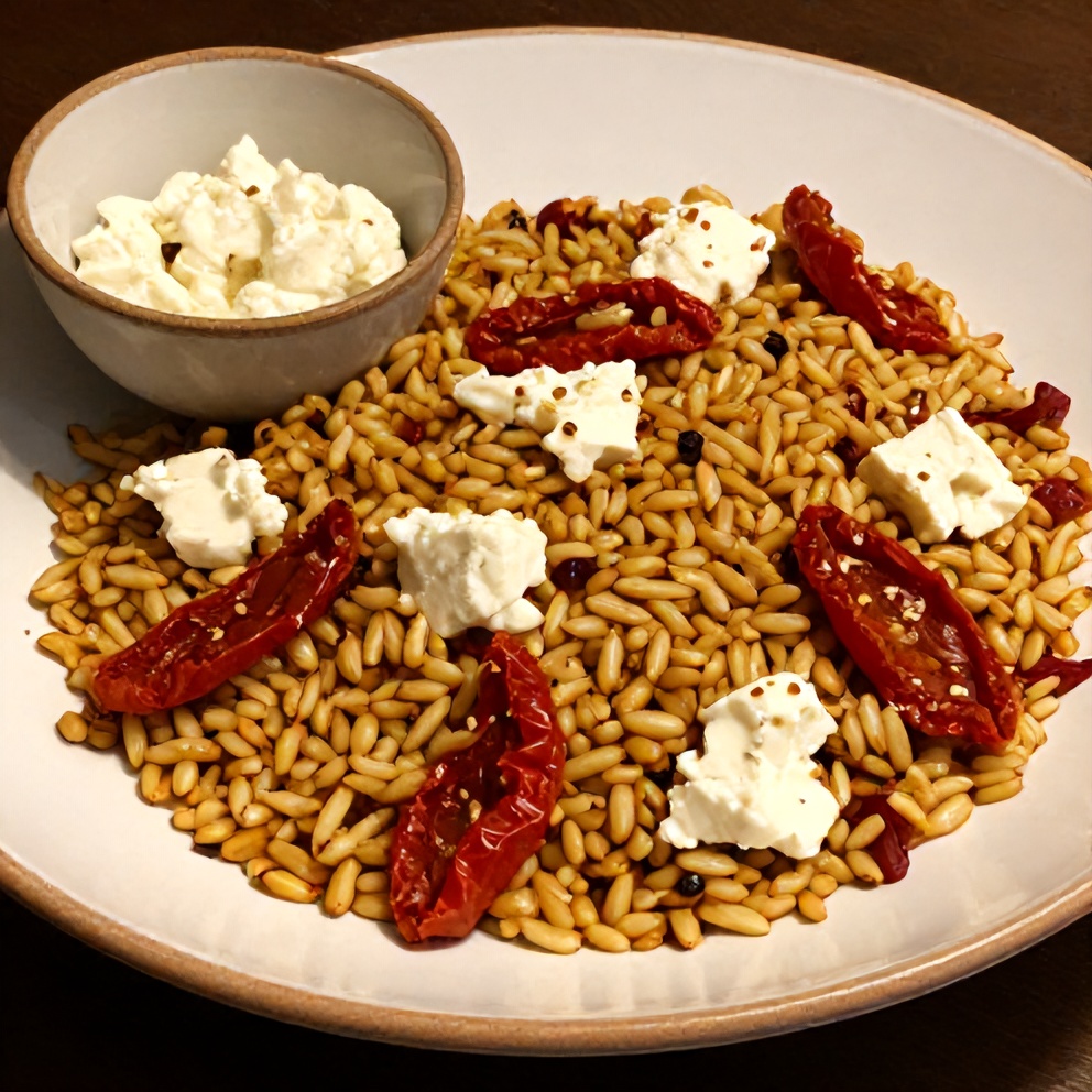 Plated serving of Refreshing Orzo Salad with Sun-Dried Tomatoes and Feta