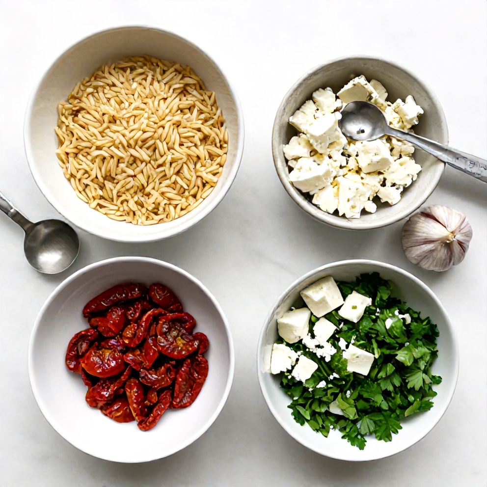 Raw ingredients for Refreshing Orzo Salad with Sun-Dried Tomatoes and Feta