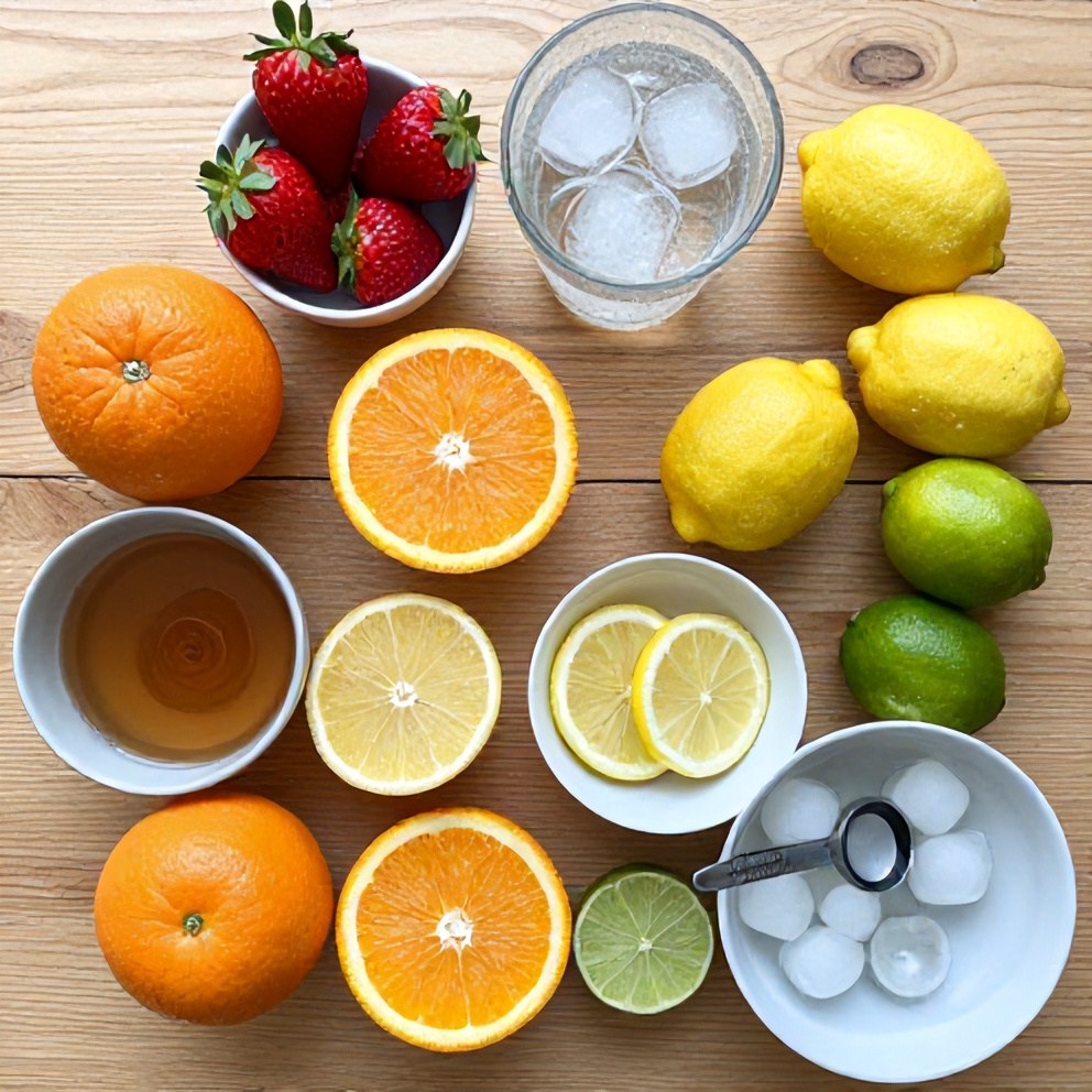 Raw ingredients for sparkling fruit punch laid out on a wooden surface
