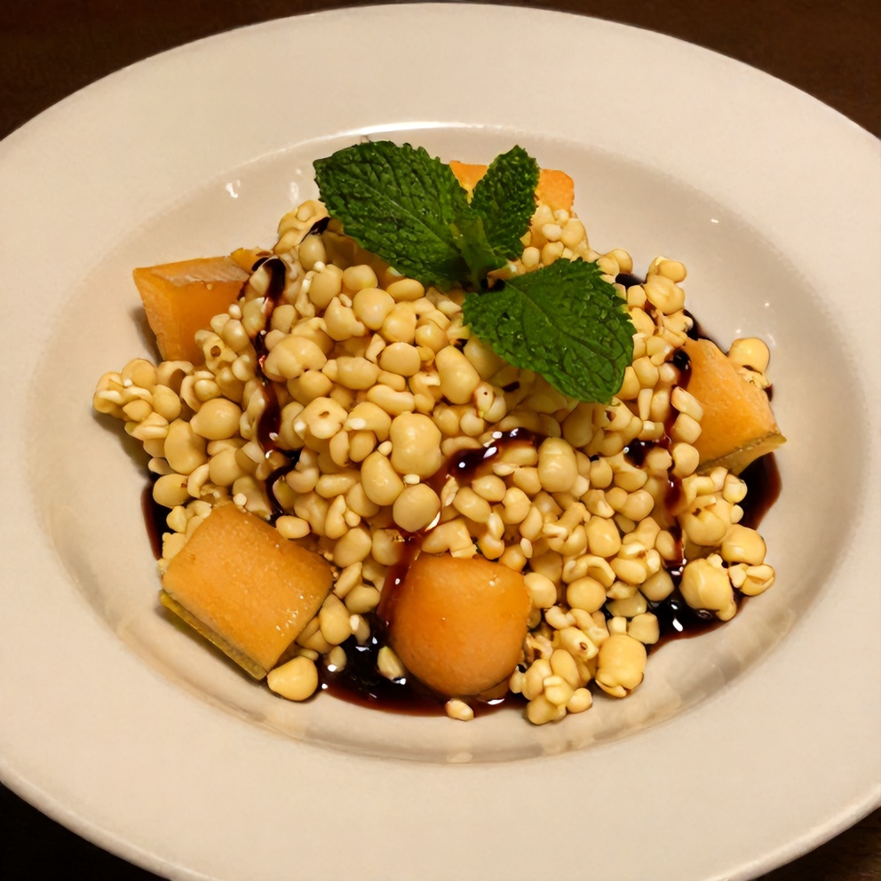 Plated Melon Couscous Salad with fresh mint and a drizzle of balsamic glaze