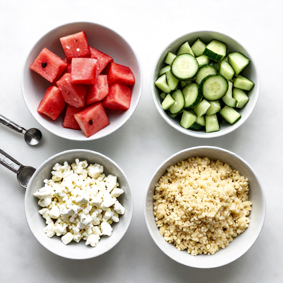 Raw ingredients for Melon Couscous Salad including watermelon, cucumber, and feta cheese