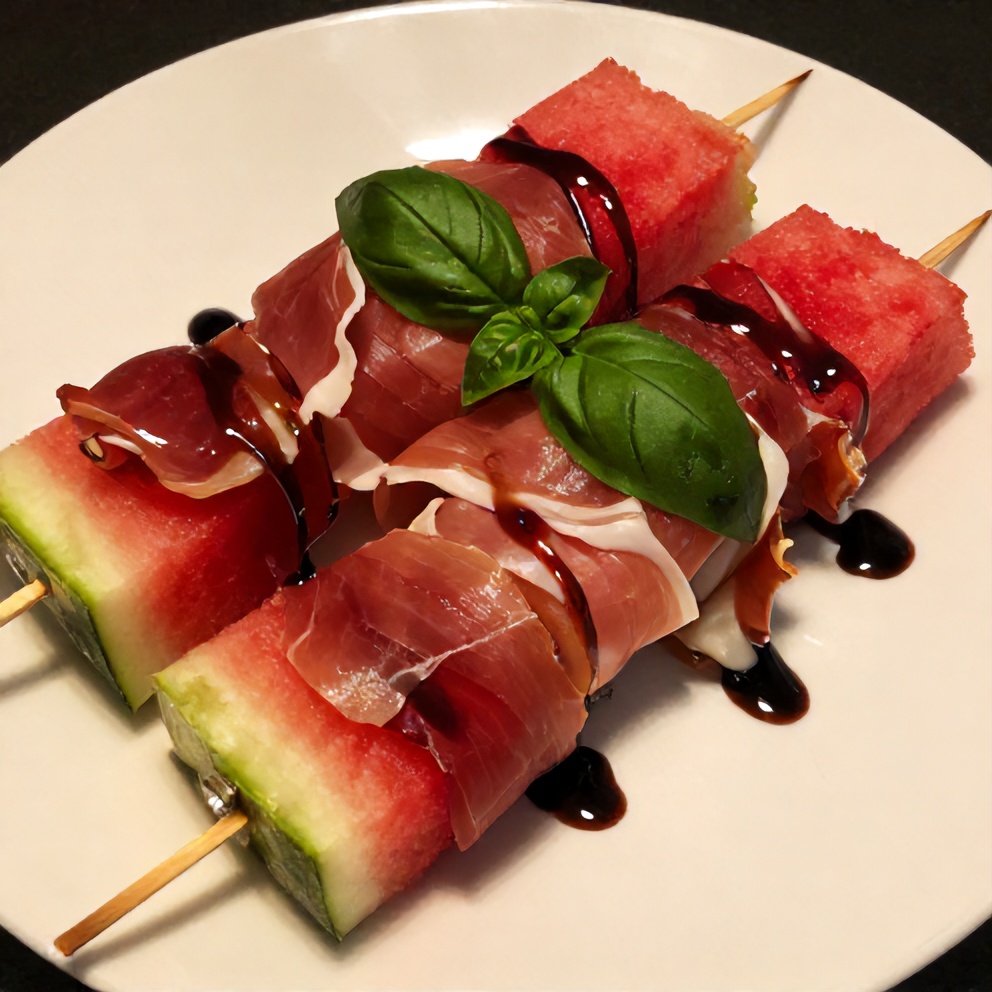 Plated watermelon skewers with prosciutto and basil on a white plate