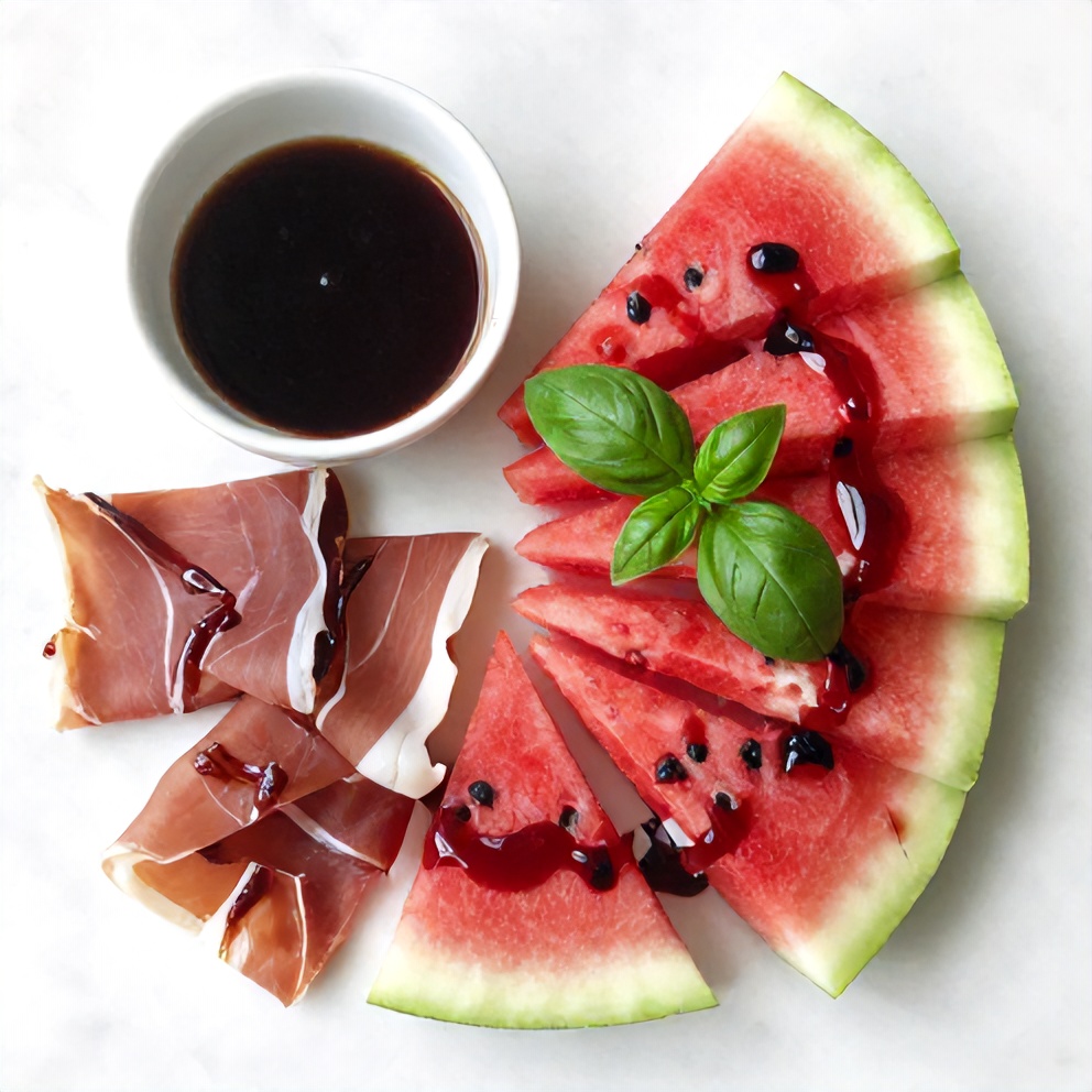 Watermelon, prosciutto, basil, and balsamic glaze arranged on a wooden board