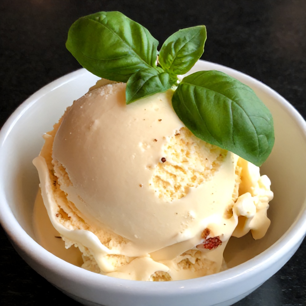 Scoop of Roasted Strawberry Lime Basil Ice Cream