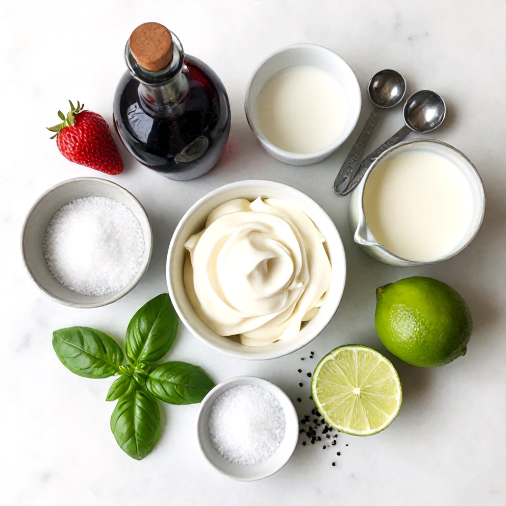 Raw ingredients for Roasted Strawberry Lime Basil Ice Cream