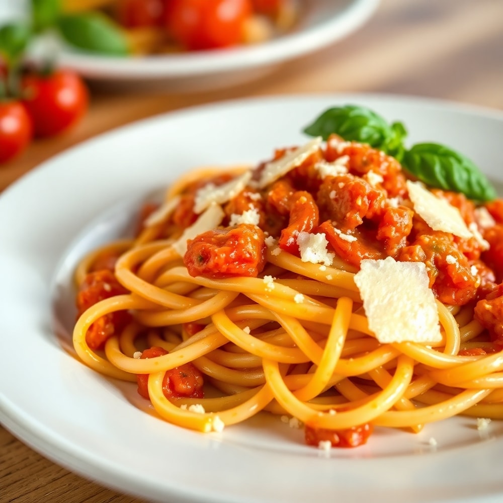 Plated Roasted Tomato and Garlic Ricotta Pasta