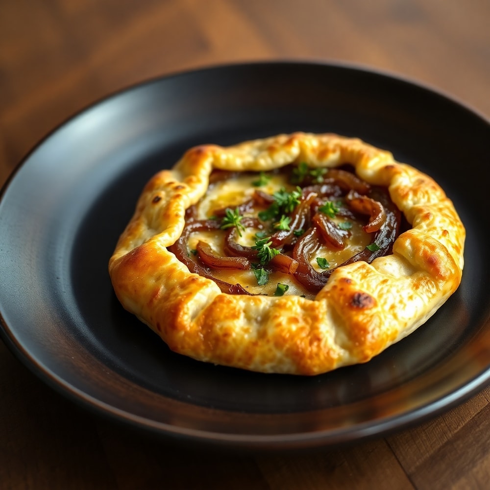 Savory Balsamic Caramelized Onion and Goat Cheese Galette on a plate