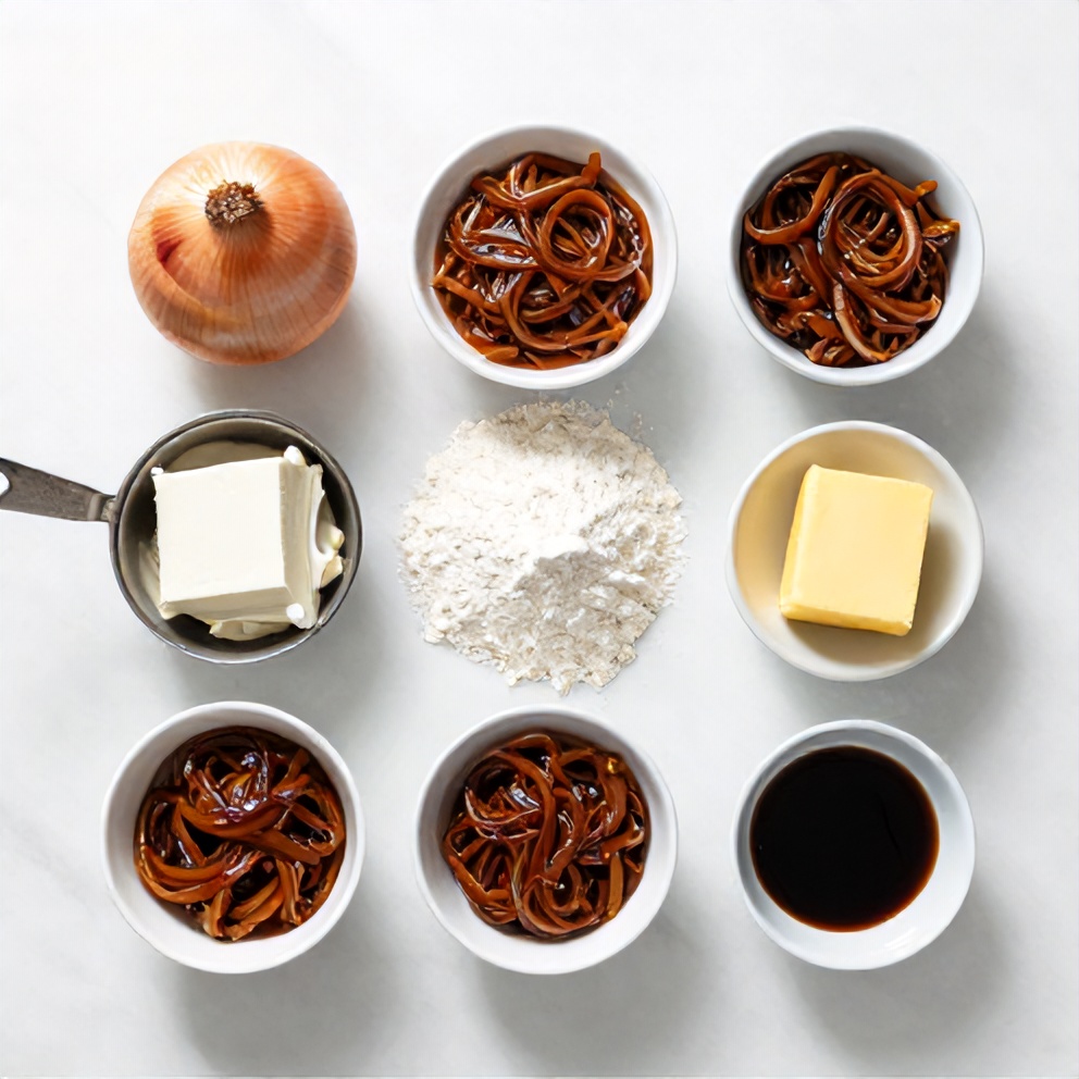Raw ingredients for Savory Balsamic Caramelized Onion and Goat Cheese Galette