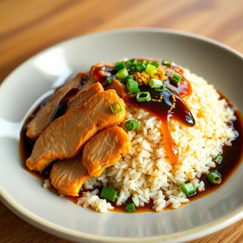 Plated Singapore Hawker Chicken Rice with garnish