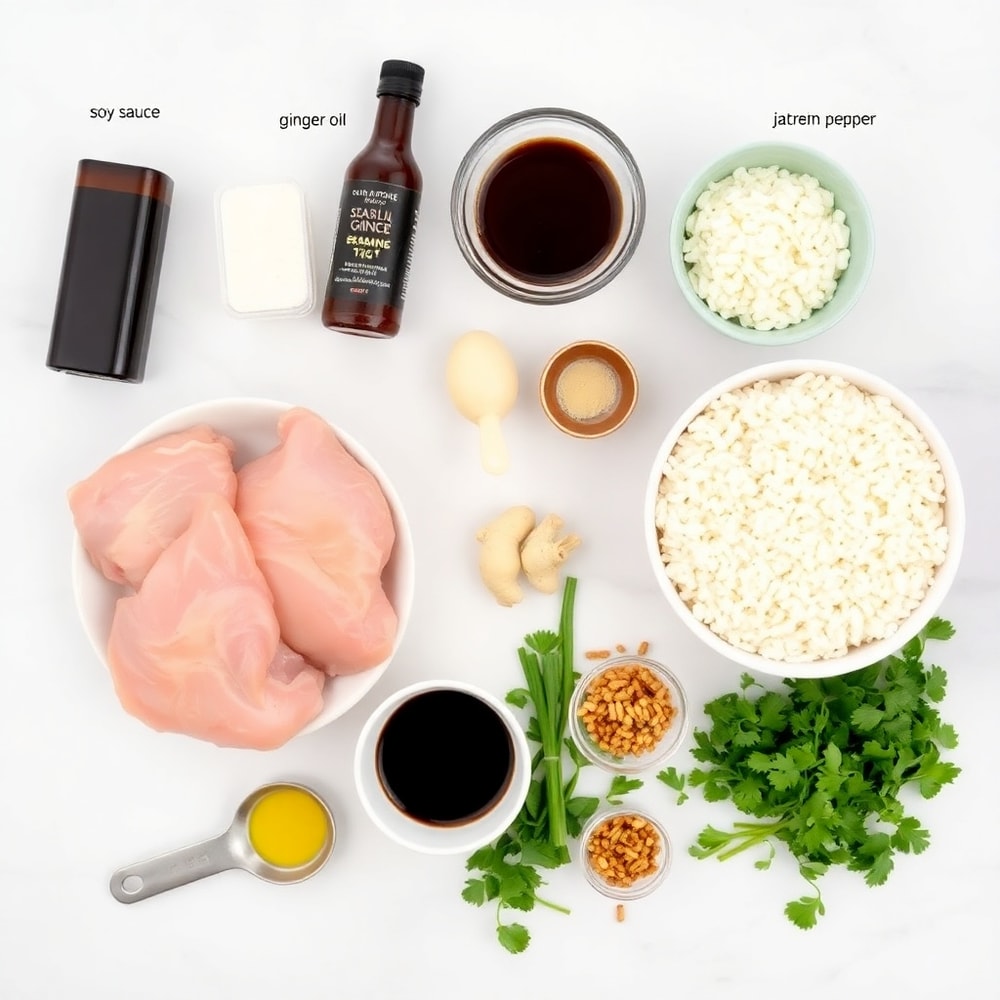 Raw ingredients for Singapore Hawker Chicken Rice