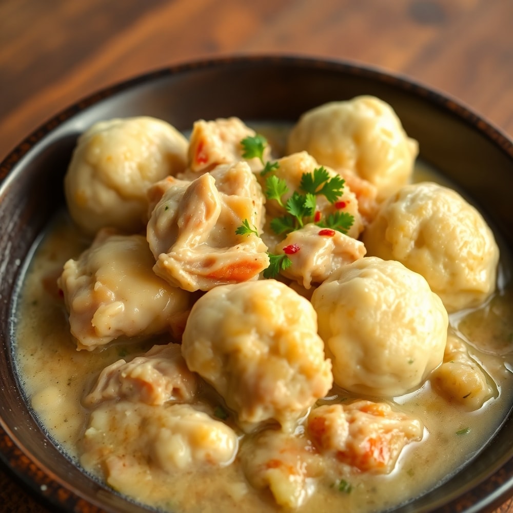Plated Slow Cooker Chicken and Dumplings
