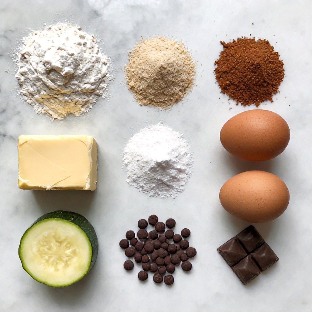 Ingredients for soft chewy chocolate chip zucchini cookies on a marble surface