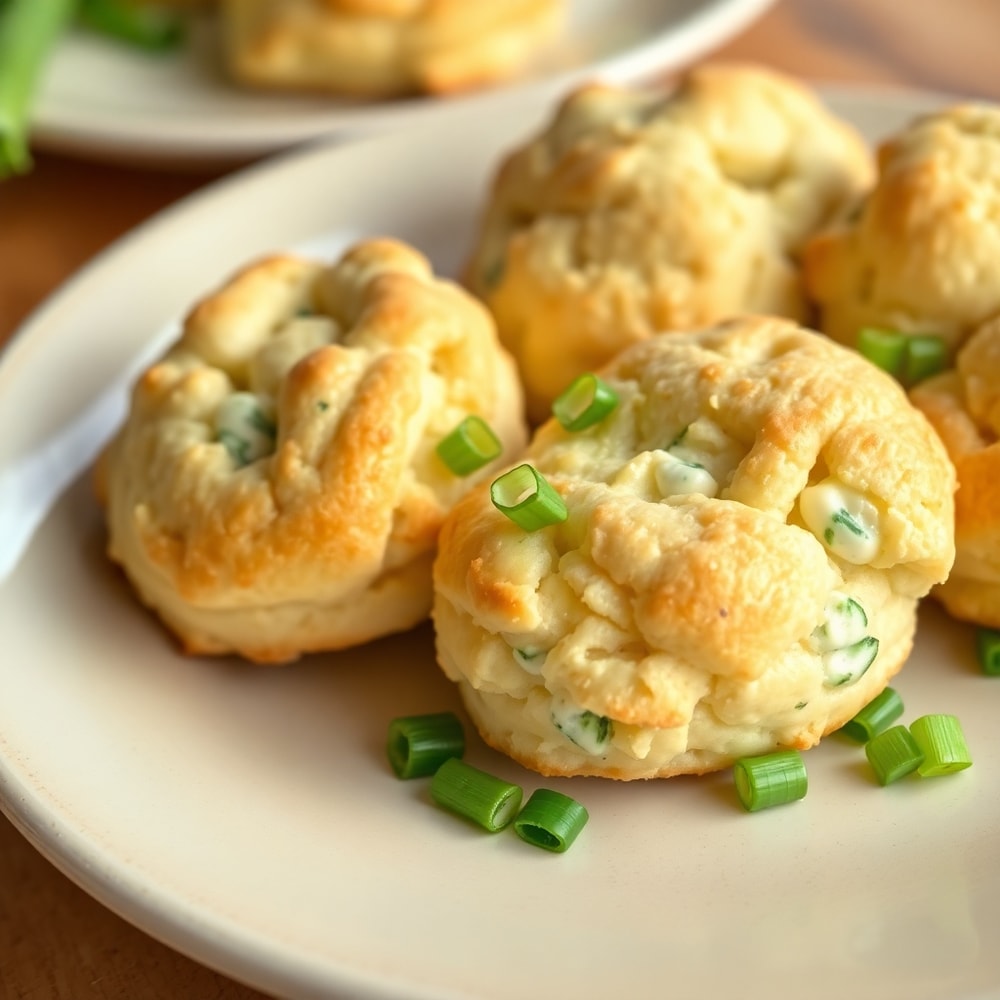 Plated sour cream and onion biscuits with green onions as garnish