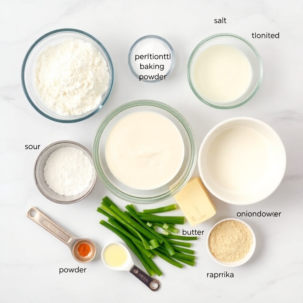 Raw ingredients for sour cream and onion biscuits on a marble surface