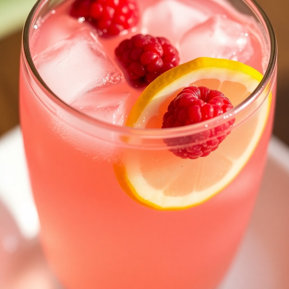 Glass of Sparkling Raspberry Peach Lemonade with a lemon slice