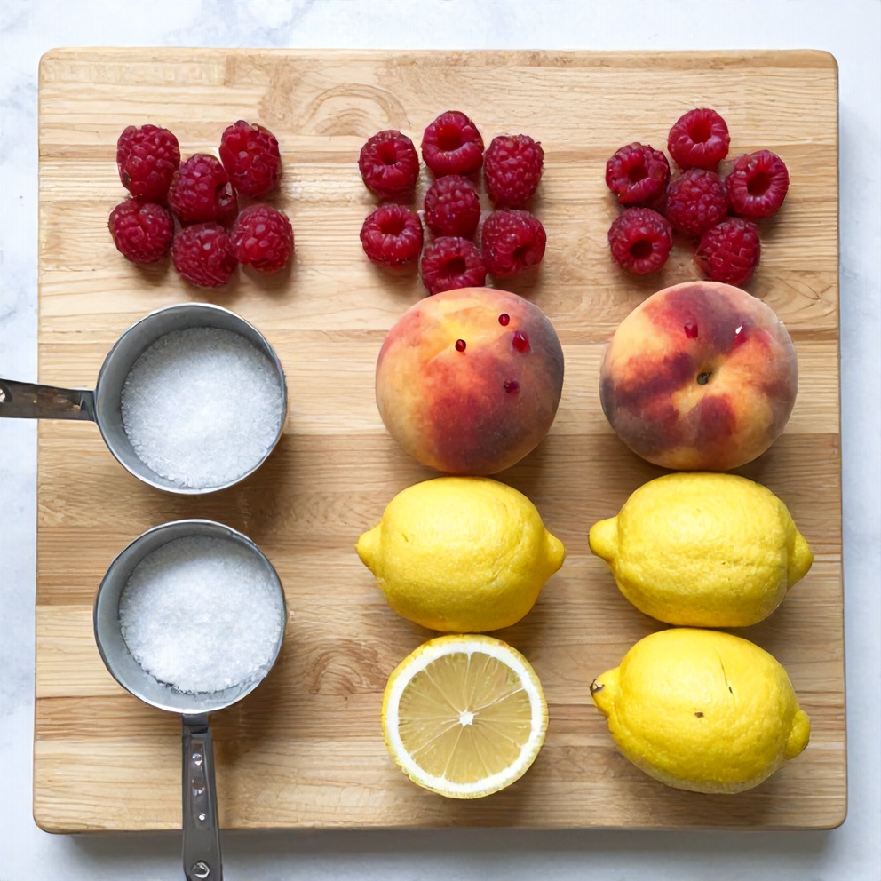 Raspberries, peaches, lemons, sugar, and sparkling water on a wooden board