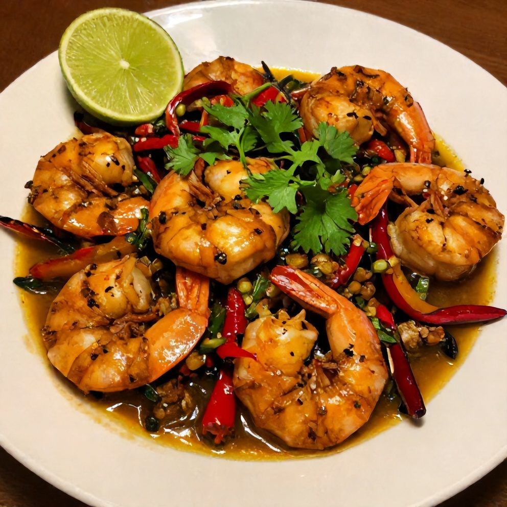 Plated Spicy Shrimp Veracruz with a side of lime wedges