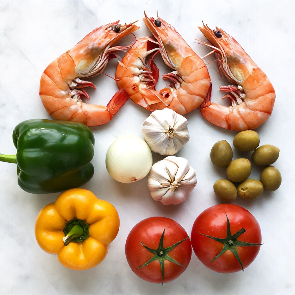 Raw ingredients for Spicy Shrimp Veracruz including shrimp, bell peppers, olives, and spices