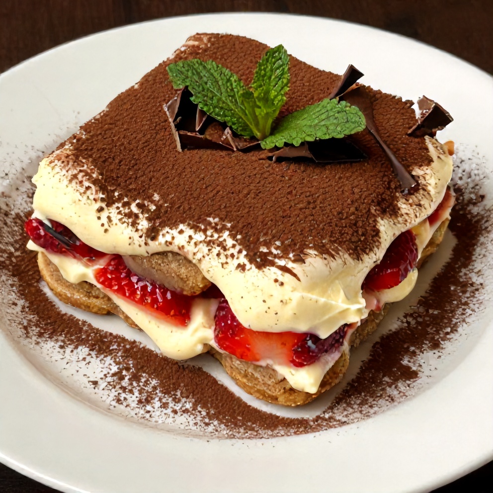 Sliced Strawberry Tiramisu with fresh berries on top