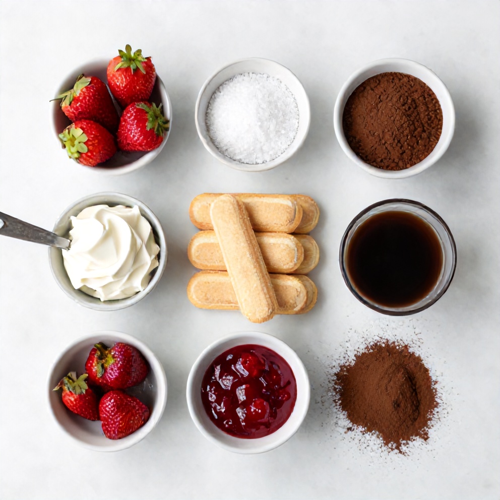 Raw ingredients for Strawberry Tiramisu including ladyfingers, mascarpone, and fresh strawberries