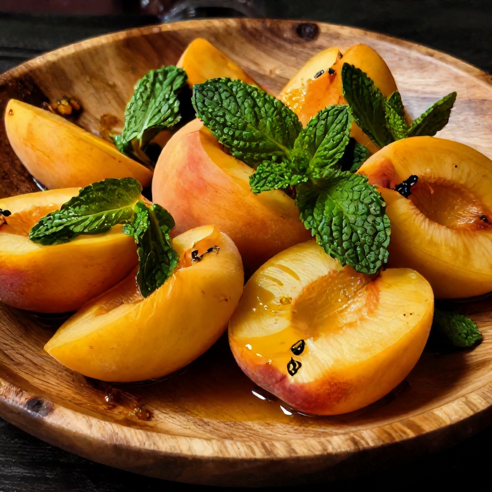Plated summer peach salad with mint leaves and a drizzle of honey-lime dressing