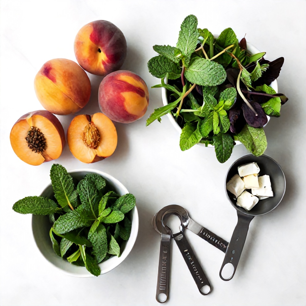 Raw ingredients for summer peach salad on a white marble surface