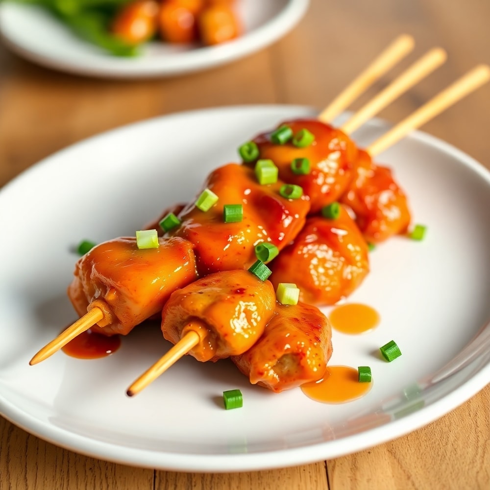 Plated Sweet and Spicy Hot Honey Chicken Skewers
