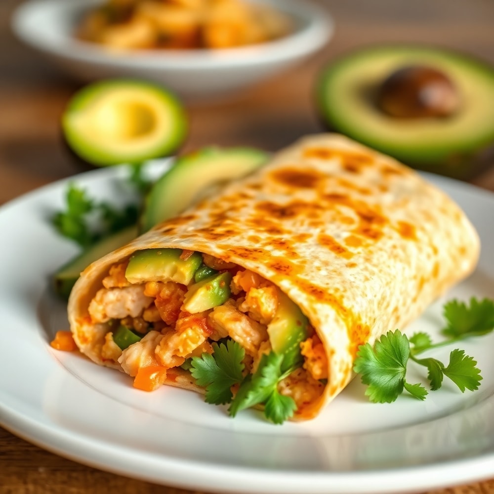 Plated Sweet & Spicy Hot Honey Tunacado Wrap with avocado slices