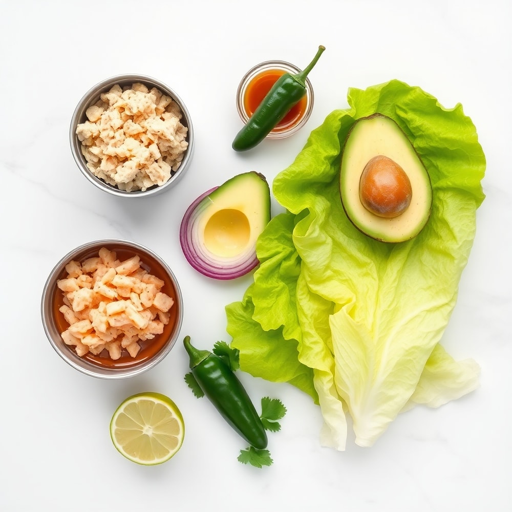 Raw ingredients for Sweet & Spicy Hot Honey Tunacado Wrap on a marble surface