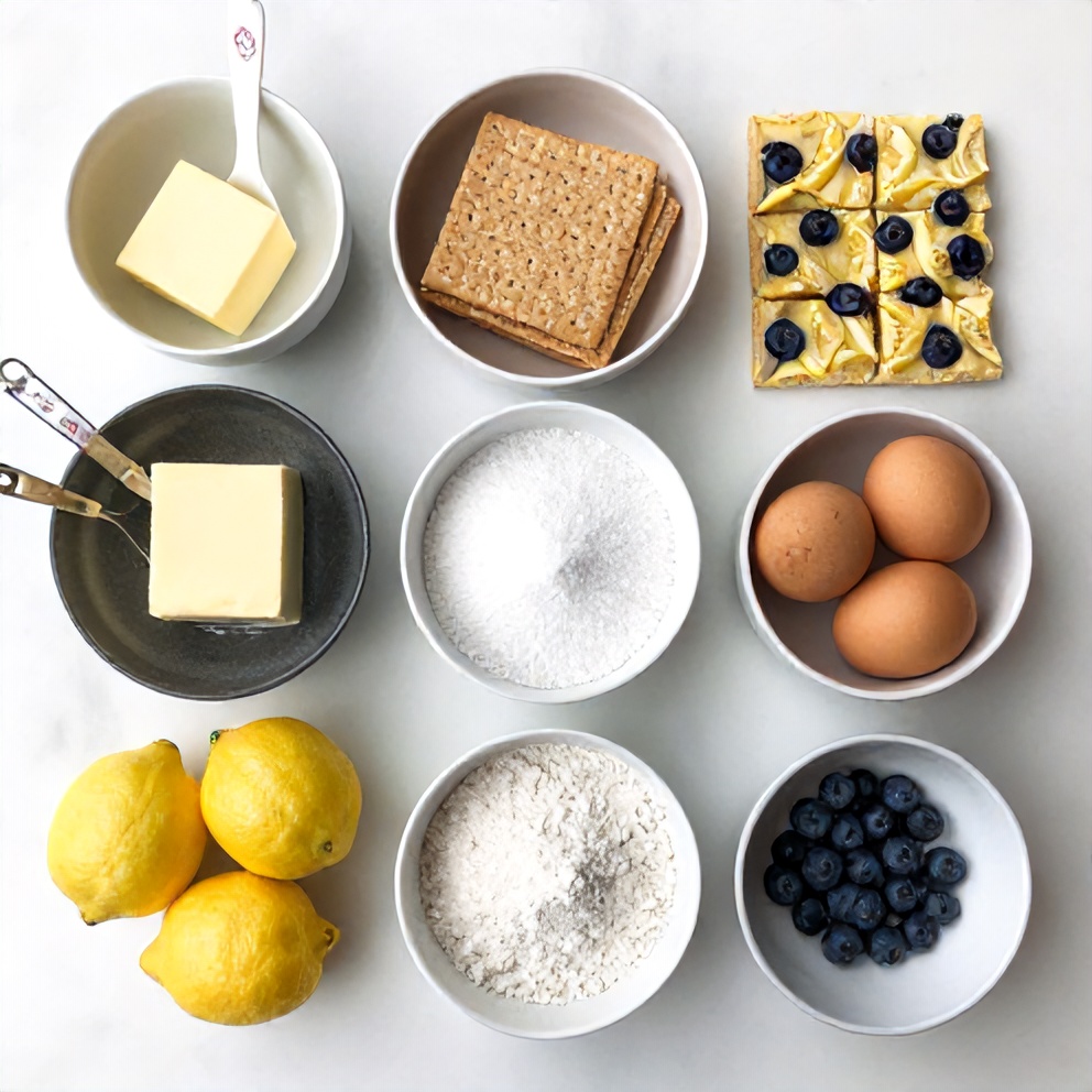 Raw ingredients for Tangy Blueberry Lemon Bars