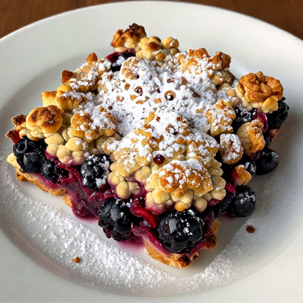 Triple berry crumble bars on a white plate, warm side lighting