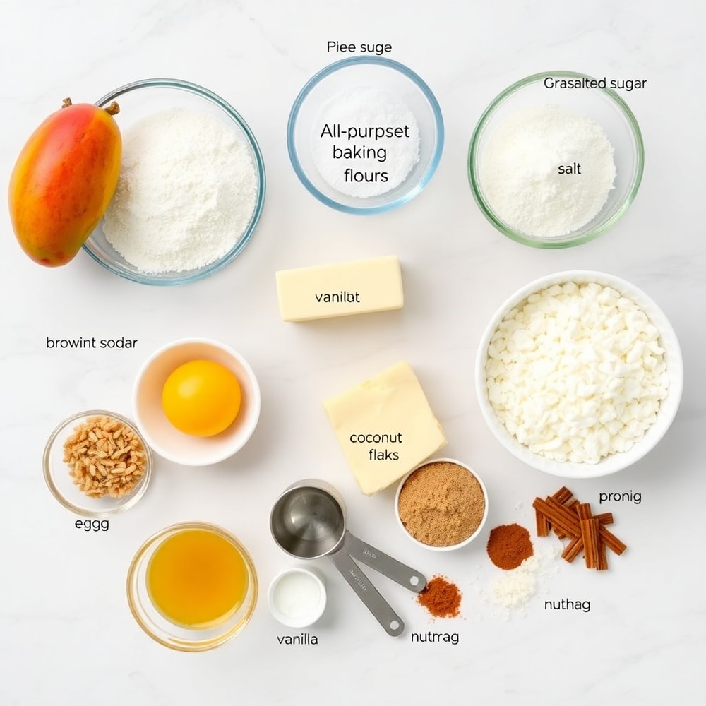Raw ingredients for Tropical Mango Cookies on a marble countertop