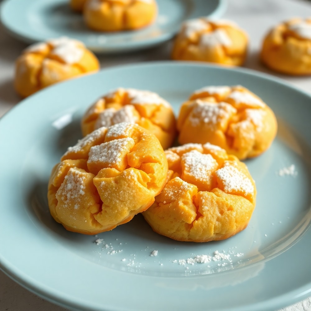 Orange scone cookies on a light blue plate, garnished with powdered sugar