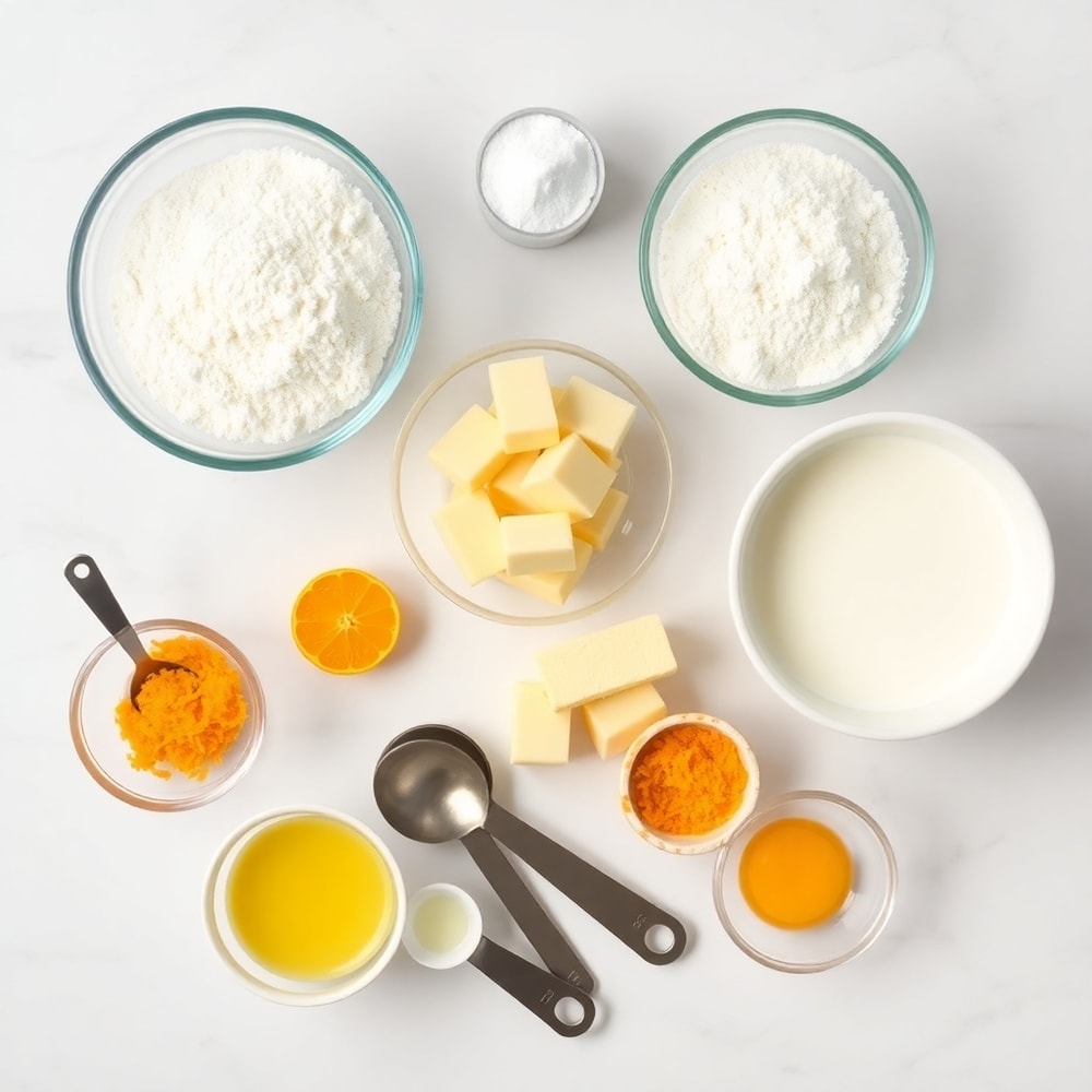 Orange scone cookies ingredients on a white marble surface