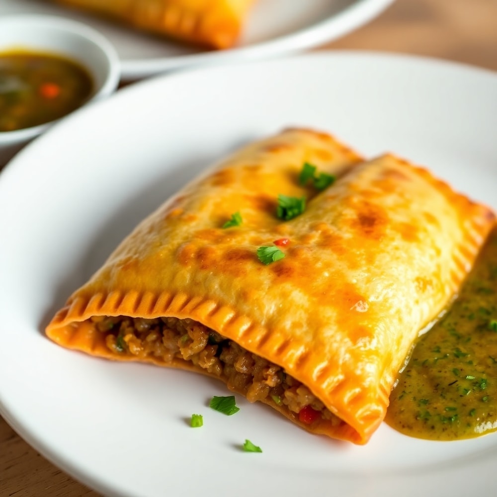 Plated vegan lentil empanadas with chimichurri sauce