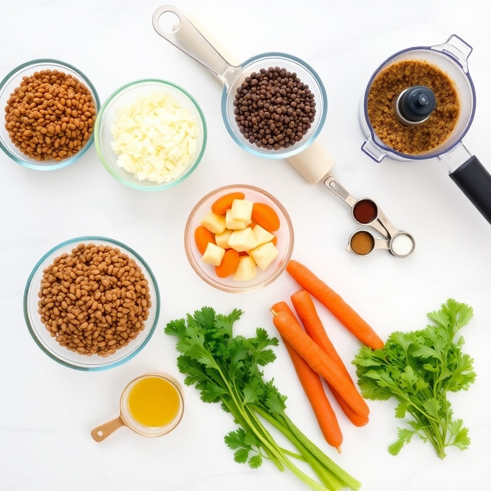 Raw ingredients for vegan lentil empanadas on a marble surface