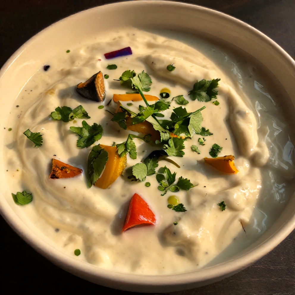 Vegan Mixed Vegetable Raita served in a bowl with a side of naan