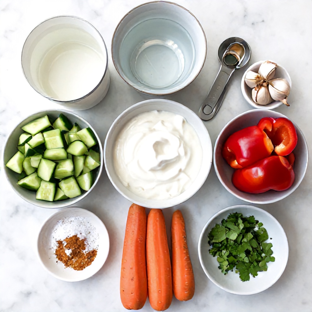 Raw ingredients for Vegan Mixed Vegetable Raita on a marble surface