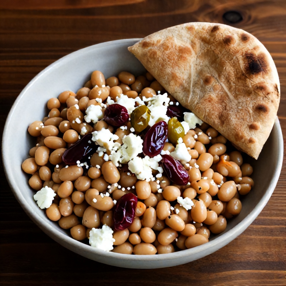 Plated serving of White Bean Tabbouleh Salad with a side of pita bread